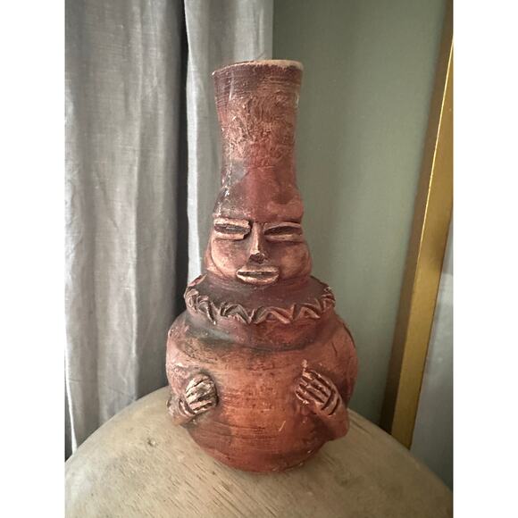Pre-Columbian Mayan Antique Red Clay face Figure Statue Vase sculpture 6x4”